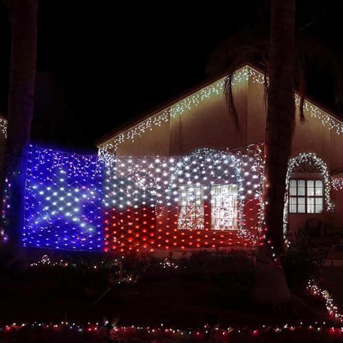 Texas Flag Net Lights Outdoor 3.3x6.6 FT - 384 LED Patriotic American Flag Decor with 8 Modes, Waterproof for 4th of July, Christmas, Yard, Porch, Parties