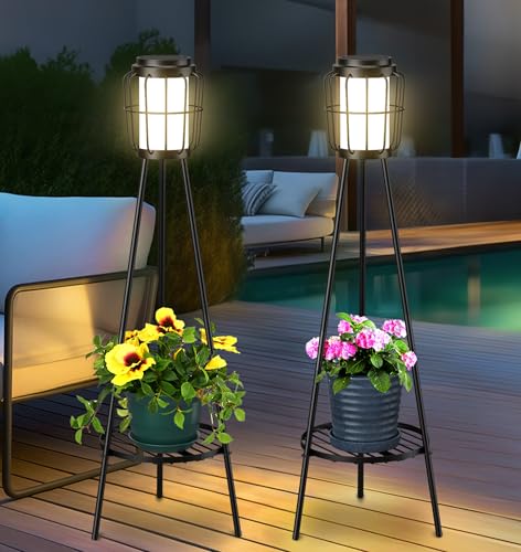 2 Pack Solar Lights with Plant Stand, Outdoor Floor Lamps, Waterproof Solar Powered Floor Lamps for Patio Deck