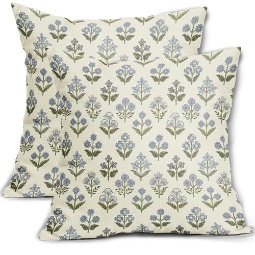 Blue Green Block Print Pillow Covers 18x18 Inch Set of 2, Vintage Floral Spring Decorative Throw Pillow Cases Boho Cushion Covers Rustic Decoration Gift Farmhouse Sofa Couch Bed Decor