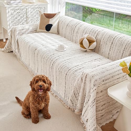 Couch Cover for Dogs Washable Sofa Cover, Sectional Couch Covers, Sofa Covers for 2 Cushion Couch, Non Slip Stripe Sofa Slipcovers Furniture Protector (Quicksand White 71x134)