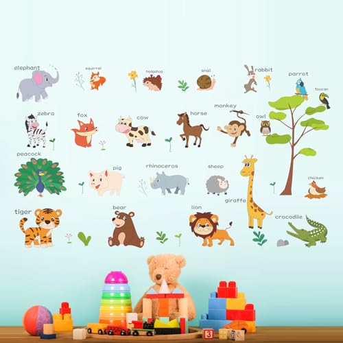 LOMILY Animal Learning Wall Stickers, Educational Cute Animal Wall Decals for Nursery Playroom Daycare, Wall Decor for Toddler Baby Boys Girls