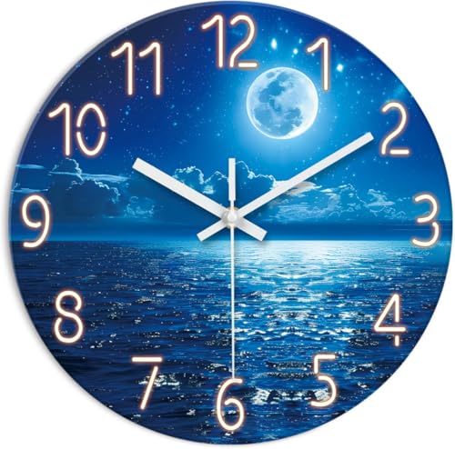 XFM Blue Moon Wall Clock 12 Inch Modern Wall Clocks Battery Operated Silent Non Ticking Decorative Round Analog Clock for Living Room Bedroom Kitchen