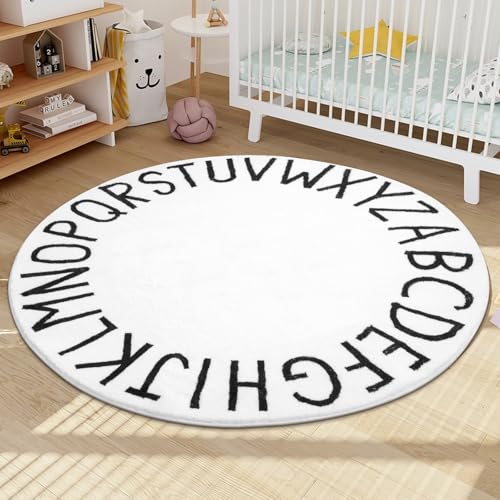 SHACOS Soft Fluffy 4 Ft Round ABC Rug Non Slip Washable for Kids Room Playroom Nursery Alphabet Educational Classroom Carpet, White Printed Letters