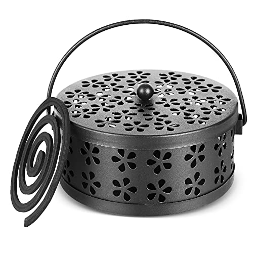 Portable Iron Mosquito Coil Holder with Handle Round Heat-Resistant Incense Holder (Black)
