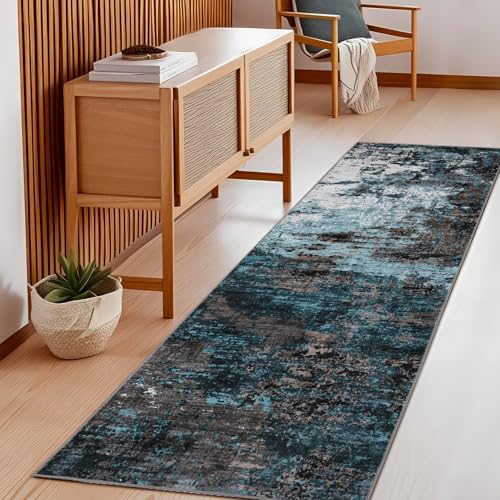GarveeHome Washable Area Rugs 2x6 Non-Slip Abstract Runner Rugs, Ultra-Soft Low Pile Floor Cover, Stain Resistant Contemporary Indoor Floor Carpet for Hallway, Bedroom, Laundry, Blue Green