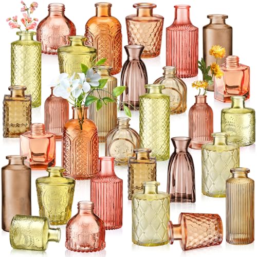 Yaomiao 30 Pcs Vases Bulk Colored Flower Glass Bud Vases Valentine Vintage Colored Glass Bottles Colorful Rustic Embossed for Home Wedding Table Decorations Gifts(Orange Yellow Series)