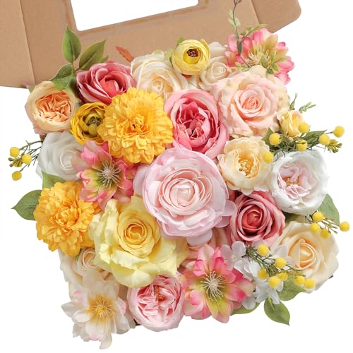 Artificial Flower Assortment for DIY Centerpiece Arrangement Wedding Hand Bouquet Flower Bouquet Centerpiece Arrangement Party Baby Shower Home Decoration (Pink Yellow)