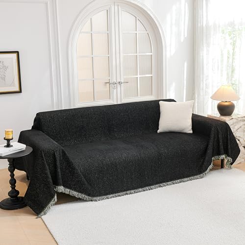 MYSKY HOME Couch Cover for Dogs Washable Couch Covers Couch Covers for Sofa Couch Cover 2 Cushion Sofa Non Slip Dogs Furniture Protector with Tassels Chenille Sofa Covers for Pets, 71"x102", Black