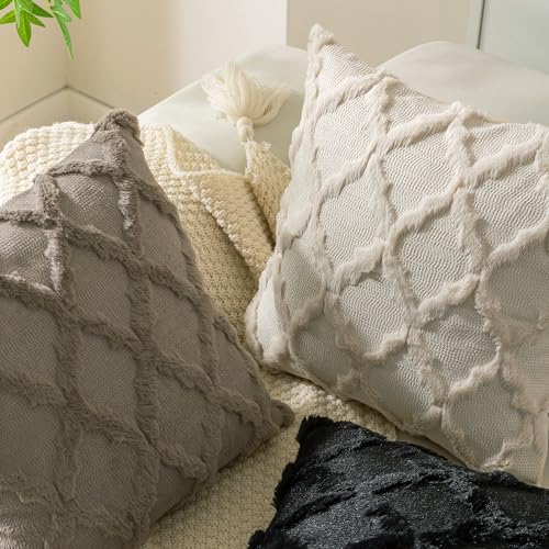 Set of 2 Soft Moroccan Throw Pillow Covers 18x18 Inch Plush Boho Decorative Pillow Cover Accent Cushion Case for Couch Sofa Bed, Beige