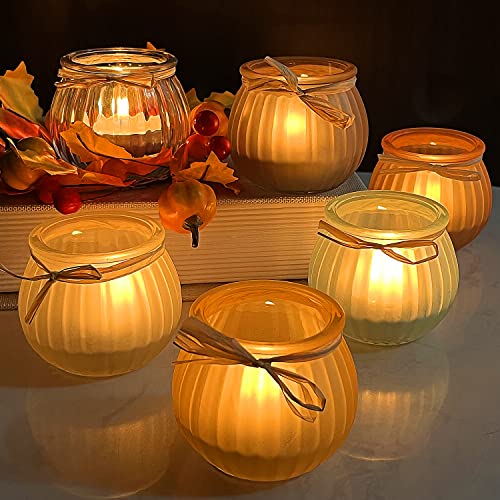 WDHODEC Fall Candle Holders Set of 6, Glass Pumpkin Tealight Votive Candle Holder for Halloween Thanksgiving Table Decoration