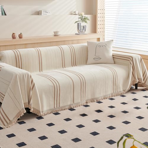 DREAMINGO Couch Cover Reversible Chenille 3 Seat Sofa Covers for Pet Kids Beige Coffee Couch Protector for 3 Cushion Couch Sofa Vertical Stripe Jacquard Sofa Slipcover Sectional, 71"x134"