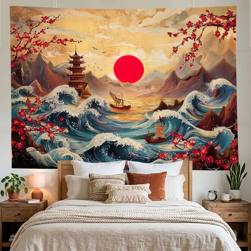 Retro Japanese Tapestry,Vintage Sun Mountain Aesthetic Landscape Tapestry Wall Hanging, Japanese Ocean Wave Sunset Landscape Wall Art, Cherry Blossom Tapestries for Bedroom Living Room 60"x 40"