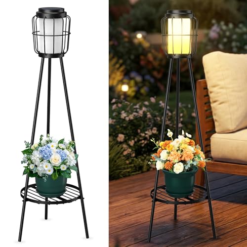 2 Pack Solar Lights Outdoor with Plant Stand, Waterproof Solar Floor Lamp & Tall Metal Planter Holder for Outs