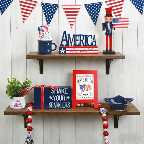 4th of July Decorations Patriotic Tiered Tray Decor Set, 8 PCS Memorial Day Fourth of July Decorations for Home Office Farmhouse Red White and Blue Tabletop Centerpieces Shelf Mantel Tray Decor Signs