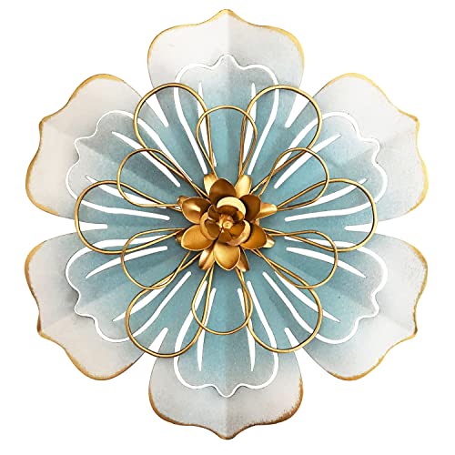 Metal Flower Wall Art Decor, 8.3''Rustic Modern Floral Sculpture, Distressed Iron Wall Hanging Home Decoration Accent Artworks for Indoor Kitchen Bedroom Living Office Outdoor Garden Patio-06 Blue Gold
