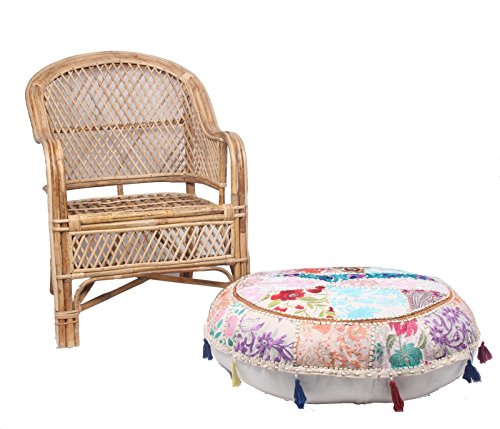 Sophia Art Round Floor Pillow Cushion Patchwork Pouf Ottoman Vintage Indian Foot Stool Bean Bag Floor Pillow Cover Home Decor Living Room Ottoman Bohemain Pillows (White, 32 Inch)