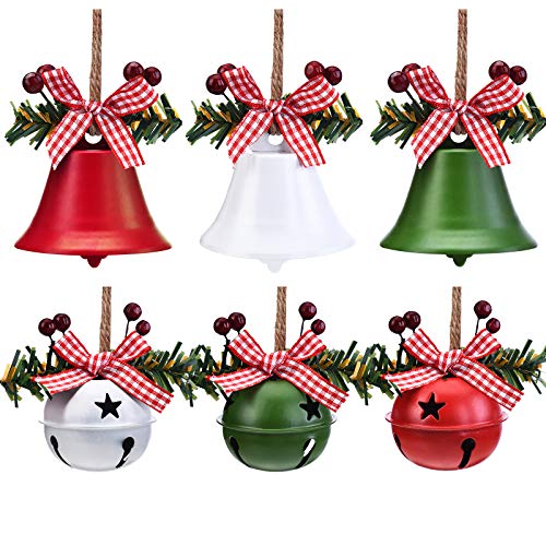 WILLBOND 6 Pieces Christmas Bell Ornaments 2026 Xmas Tree Hanging Decorations Large Size Bells with Star Cutouts Anniversary Bells with Holly Berry for Crafts Holiday Party Favors(Red, White)
