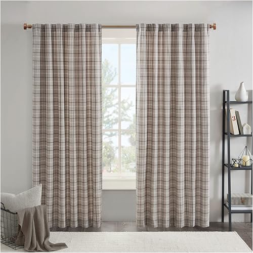 Madison Park Anaheim Cabin Plaid Curtain Window, Thermal Insulated Fleece Lining, Living Room Decor Room Darkening Drape for Bedroom, 1-Single Panel Pack, 50x95, Rod Pocket & Back Tab, Brown