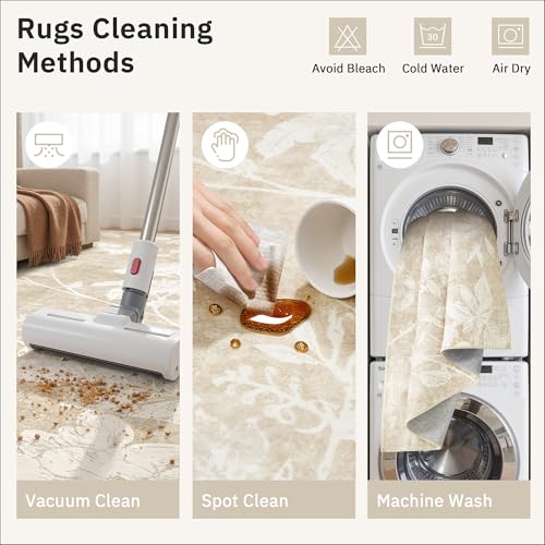 Soalmost Floral Washable Rugs 8x10 for Living Room, Neutral Soft Rug Beige