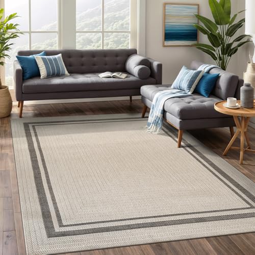 Beverly Rug Easy Jute Bordered Rug 6x9 Washable Durable Indoor Outdoor Area Rugs for Living Dining Room Patio Office Stain Resistant Non Shedding Casual Indoor Outside Carpet 6 x 9 Off-White
