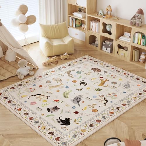 Rugcomf Large Area Rug 8x10 Washable Non Slip Floral Animal Cat, Beige