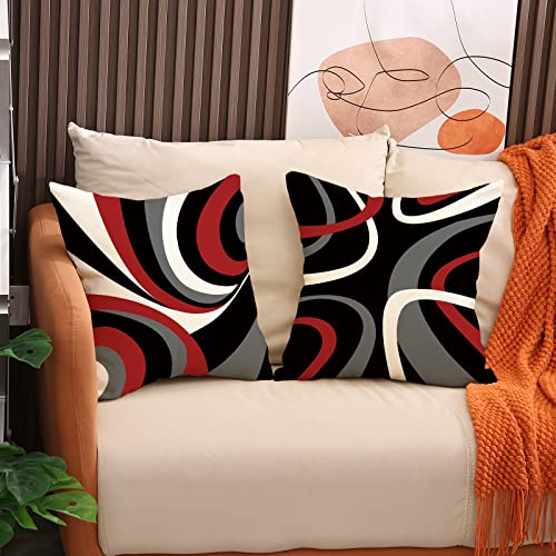 Red and Black Throw Pillow Covers 18x18 Set of 4,Grey Modern Abstract Pillowcases,Gray Geometric Circle Pattern Decor for Sofa Couch Living Room Bedroom Home Outdoor