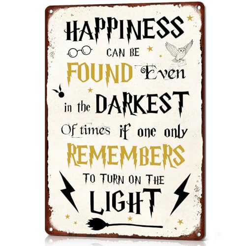 Happiness Can Be Found Even In The Darkest Metal Signs, Vintage Magic Sign for Movie Wizard Theme Lovers Office Decor Motivational Room Wall Decor, 12x8 Inches