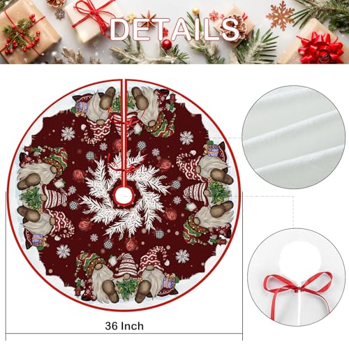 Christmas Tree Skirt 36 Inches, Gnomes with Holly Berry Pencil Red Background Tree Skirt, Winter Xmas Tree Mat Decorations for Home Party Holiday Decorations