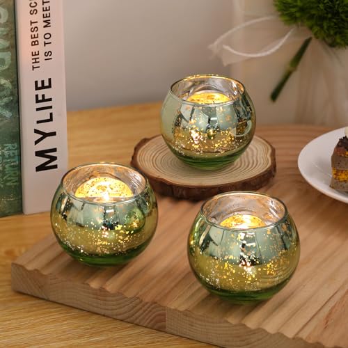 24PCS Green Votive Candle Holder Bulk, Round Mercury Glass Votives