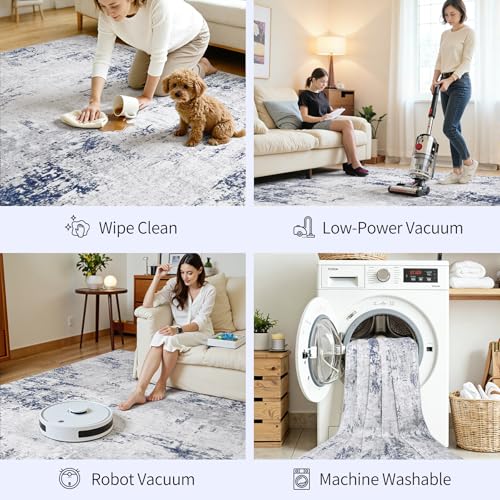 6x9 Area Rugs for Living Room Large Washable Abstract Rug Night Blue/Grey