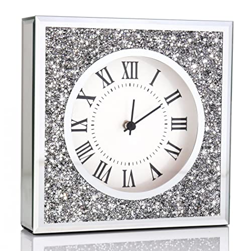 Desk Small Clocks 8x8x2 Inch Crystal Sparkle Twinkle Bling Square Crushed Diamond Mirrored Table Top Decorative Clock for Home Decoration Silver Mirror Home Decor. AA Battery is not included.