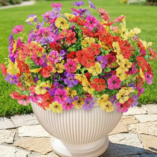 Lifewit Artificial Flowers for Outdoor Indoor, 12 Bundles Plastic Fake Flowers Daisy with Eucalyptus Leaves for Home Garden Decor, Porch, Window Box(Mix for Fuchsia Purple Yellow Red)