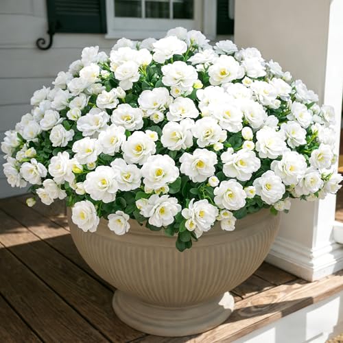 Ivydale Artificial Fake White Flowers Plants for Spring Outdoor Outside, Faux Silk Camellia UV Resistant Realistic for Front Door Porch Patio Balcony Garden Yard Decor, 3 Large Bundles