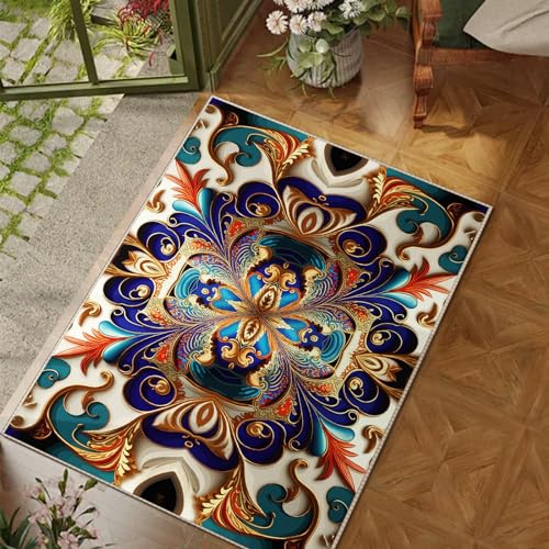 Washable Entrance Door Mat, Non-Slip Vintage Hallway Rug Runner with Upgrade Rubber Backing, Stain Resistant Faux Wool Distressed Carpet Runner for Bedroom, Kitchen, Laundry, Entrance (35.4" x 23.6")
