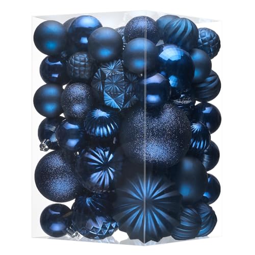 JORNOY Christmas Tree Ornaments Set, 47 Pack Assorted Shatterproof Hanging Balls Decorations, Plastic Bulbs Bulk with Lanyard for Home Holiday Party Decor, 3-Sizes (Navy Blue)
