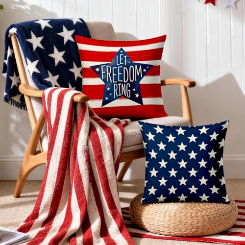 4th of July Pillow Covers 18x18 Inch,Set of 4 Red White Blue Summer Outdoor Throw Patriotic Pillow Covers,USA Flag Linen Fourth of July Independence Memorial Day Cushion Case for Sofa Couch Decor
