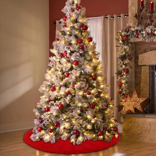 YUJUN 48 Inches Christmas Knitted Tree Skirt Decorations Xmas Large Red Chunky Cable Farmhouse Thick Rustic Tree Skirt for Merry Christmas Tree Holiday Home Party Decoration