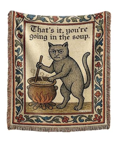 mevious Weird Medieval Cat Woven Tapestry, Vintage Cat Themed Woven Sofa Blanket, Wall Hanging Art Handicrafts, Soft and Cozy Multipurpose Blanket, With Fringe Tassels, Home Decor for Cats Lovers