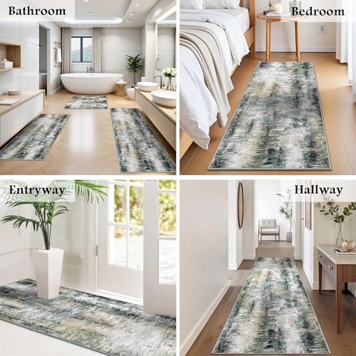 Upgrade Non Slip Kitchen Rugs Sets of 3 Washable Kitchen Mats for Floor Abstract Kitchen Runner Rug Soft Floor Mat Set Kitchen Carpet Rugs for Hallway, Laundry, Sink, Entryway, Black Grey/Gold