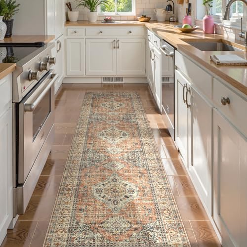 Lahome Oriental Kitchen Runners for Hallways, 2.5x10 Washable Runner Rug Non Slip, Soft Hallway Rug Distressed Ultra-Thin Long Carpet for Bathroom Entryway Bedroom Eleanor, Peach/Orange