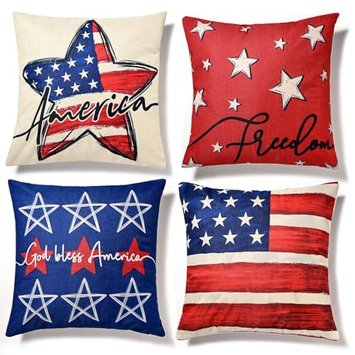 Hongsome Patriotic Decor-Throw Pillow Covers 18x18 in Set of 4,4th of July Linen Pillow Case for Independence Day,Memorial Day,Veteran's Day,USA,American Summer Outdoor Red White Blue Decorations