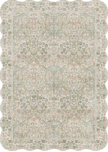 Scalloped Rug Runner 2'6x12 Floral Washable Rug Beige Sage Green
