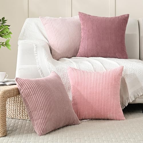 Volcanics Set of 4 Pink Corduroy Couch Throw Pillow Covers 18x18 in