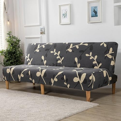 Hixingo Stretch Armless Futon Cover, Futon Mattress Cover Washable Futon Covers with Elastic Bottom, Plant Print Futon Slipcovers Soft Futon Couch Cover (Small (47-59"),Dark Gray)