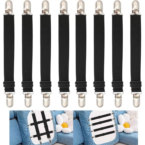 Sofa Cover Holder Straps Suspenders, Sofa Couch Covers Clip Fasteners, Adjustable Elastic Straps for Sofa Seat Recliner Slipcover, Cushion Holders (8, Black) 6-30in/15-75cm