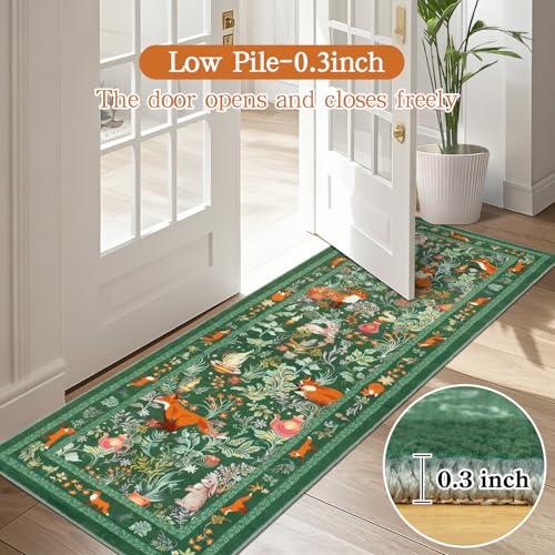 nesrt Cute Botanical Runner Rugs for Hallway 2x6ft, Non Slip Animal Printed Kitchen Rug Washable, Soft Thin Jungle Fox Bedside Runners, Woodland Accent Floor Carpet for Bedroom Hall Bathroom (Green)