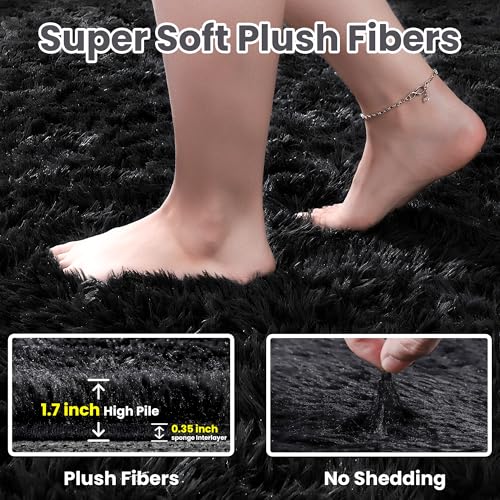 9x12 Fluffy Shag Area Rugs for Living Room Bedroom: Soft Plush Carpet Black