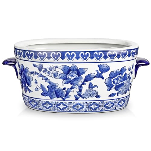 Blue and White Ceramic Planter Pot – Vintage Floral Oval Cachepot Vase for Indoor Plants, Flowers & Succulents – Glazed Chinese Porcelain Style Decorative Bowl –10.6" Size – No Drainage