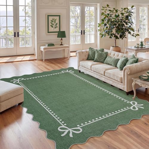 Garvee Scalloped Bow Rug Green Washable Solid 3x5 Area Rugs for Living Room