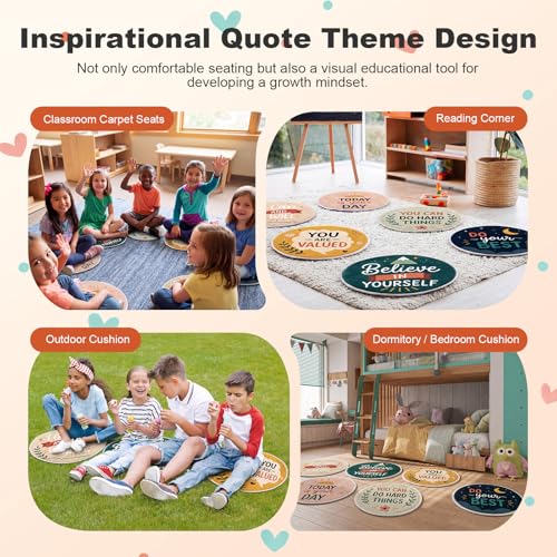 Drydiet 12 Pcs Round Carpet Seats 15.7'' Colorful Small Classroom Rugs Washable Non Slip Floor Cushions for Back to School End of the Year Gift Preschool Daycare Playmat Dorm (Positive Affirmations)